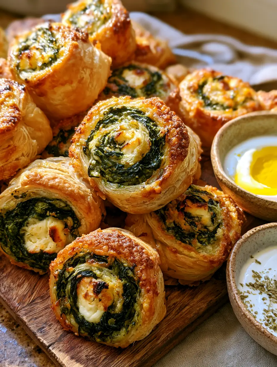 Close-up of a Spinach and Feta Pinwheel showing the vibrant dark green spinach and charred feta chunks within flaky pastry.