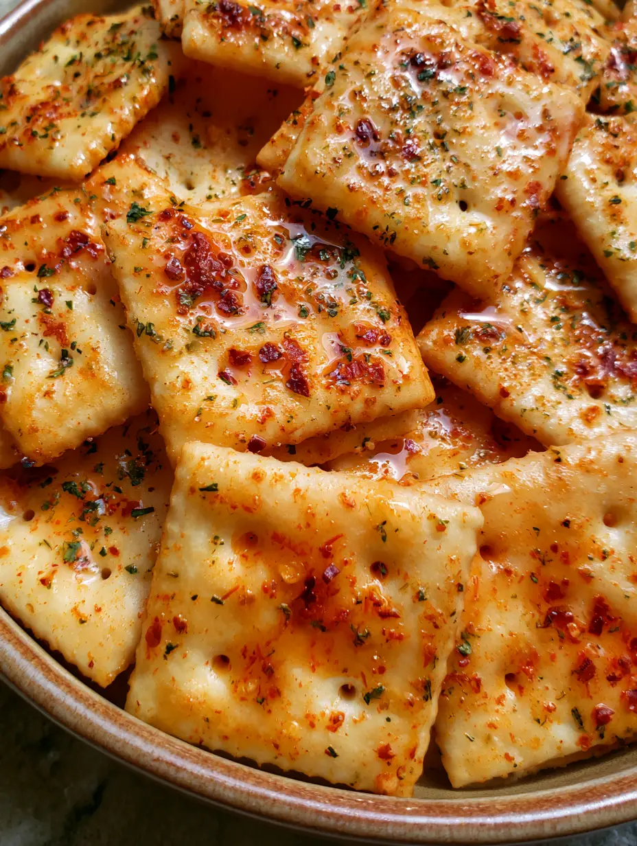 Fire Crackers: The Ultimate Spicy Ranch Saltine Snack Recipe 3 Macro close-up of square fire crackers showing the vibrant red pepper flakes and fine green parsley specks on a golden base.