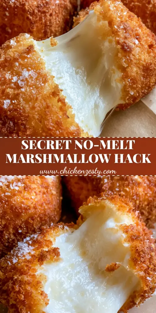 Deep Fried Marshmallows with Crispy Panko and Molten Centers 4 Three gourmet Deep Fried Marshmallows on brown parchment paper, one pulled apart to show a thick, stretchy molten white center and a golden panko crust.