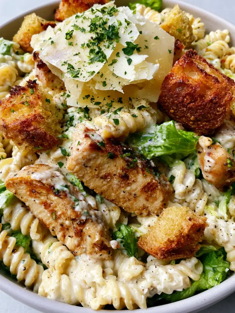 Chicken Caesar Pasta Salad with Seared Golden Chicken and Sourdough Croutons 1 Slices of golden-brown seared chicken breast with grill marks nestled in chicken Caesar pasta salad.