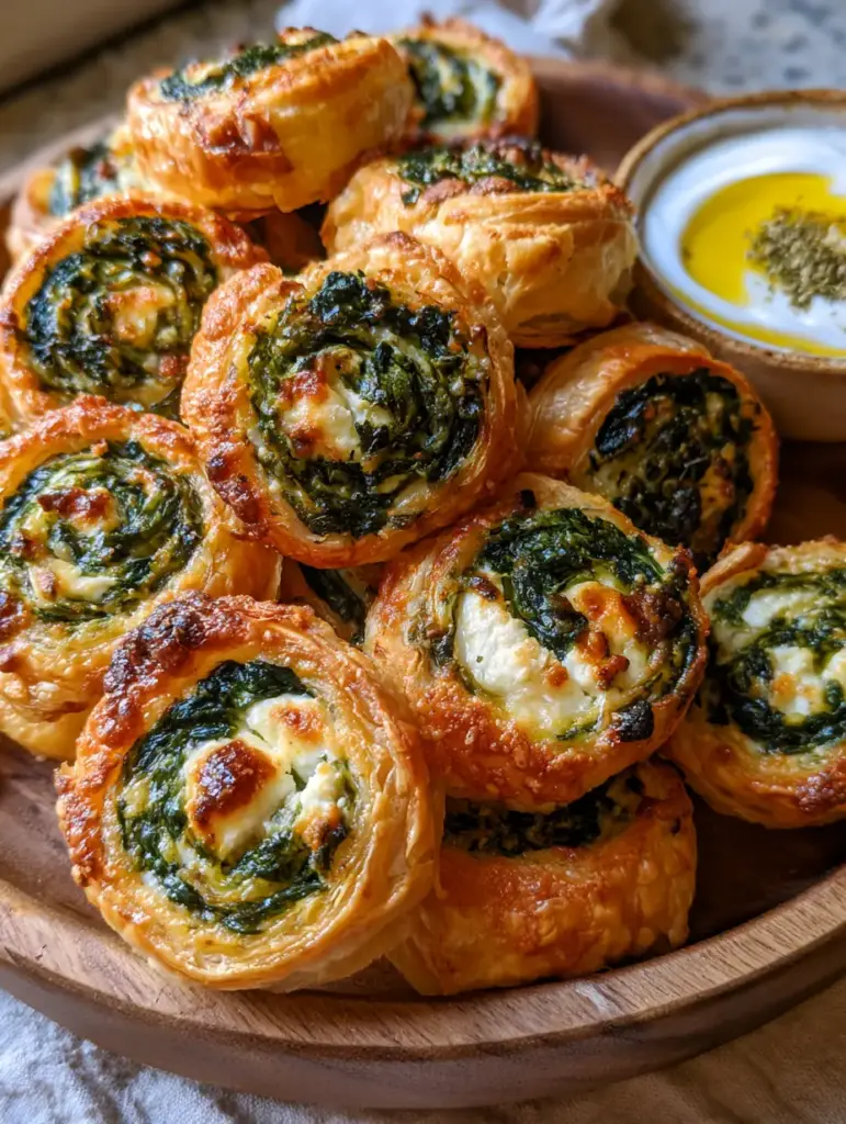 Spinach and Feta Pinwheels next to a ceramic bowl of thick Greek yogurt dip with an olive oil swirl and oregano.