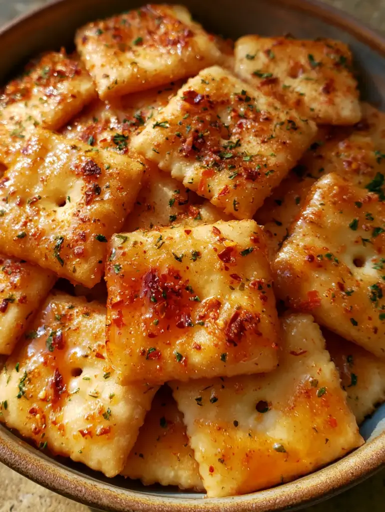 Fire Crackers: The Ultimate Spicy Ranch Saltine Snack Recipe 1 A handful of fire crackers in a ceramic bowl, highlighting the translucent spicy oil and ranch seasoning dust.