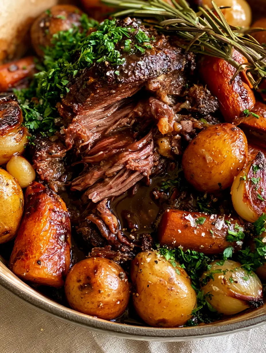 Close up of juicy beef fibers glistening under a dark mahogany red wine reduction sauce. (Sunday family dinner ideas)