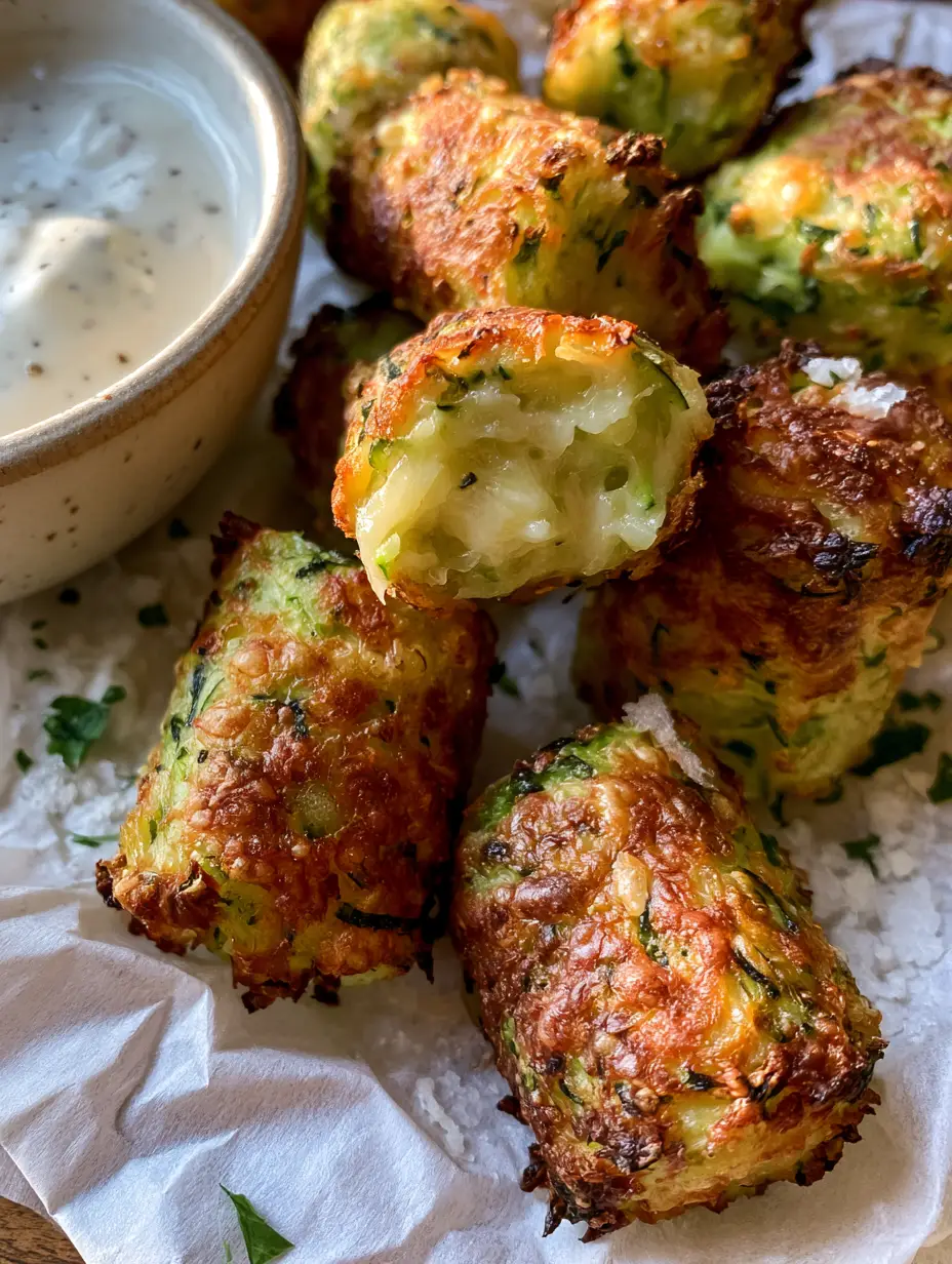 Top-down view of several bite-sized Zucchini Tots showing shredded green zucchini and toasted cheese textures.