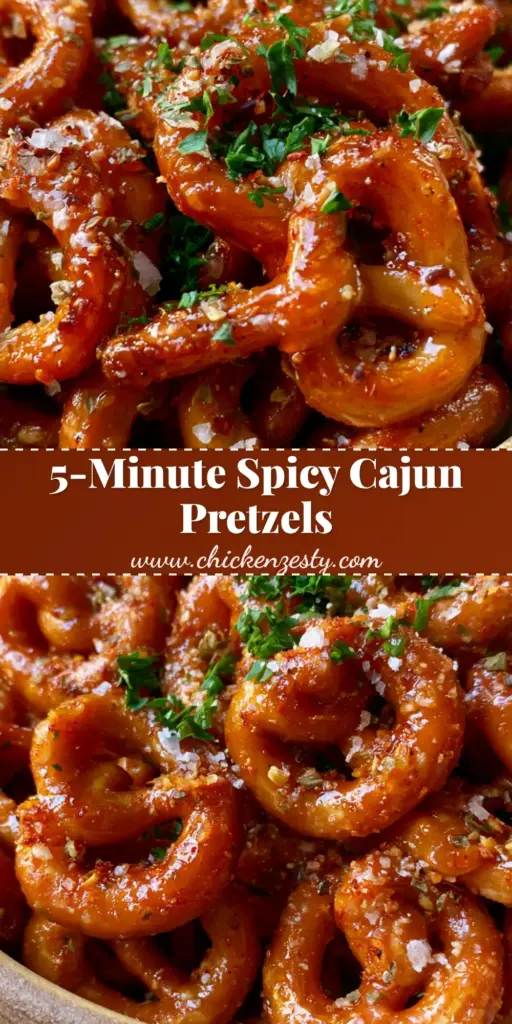 A tall Pinterest-style graphic showing golden-brown Cajun pretzels with a vibrant reddish-orange glaze and fresh parsley garnish.