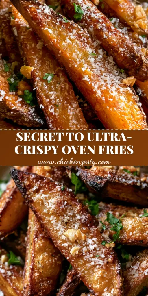A towering pile of crispy golden-brown steak fries with a parmesan crust and fresh parsley (oven-baked steak fries recipe)