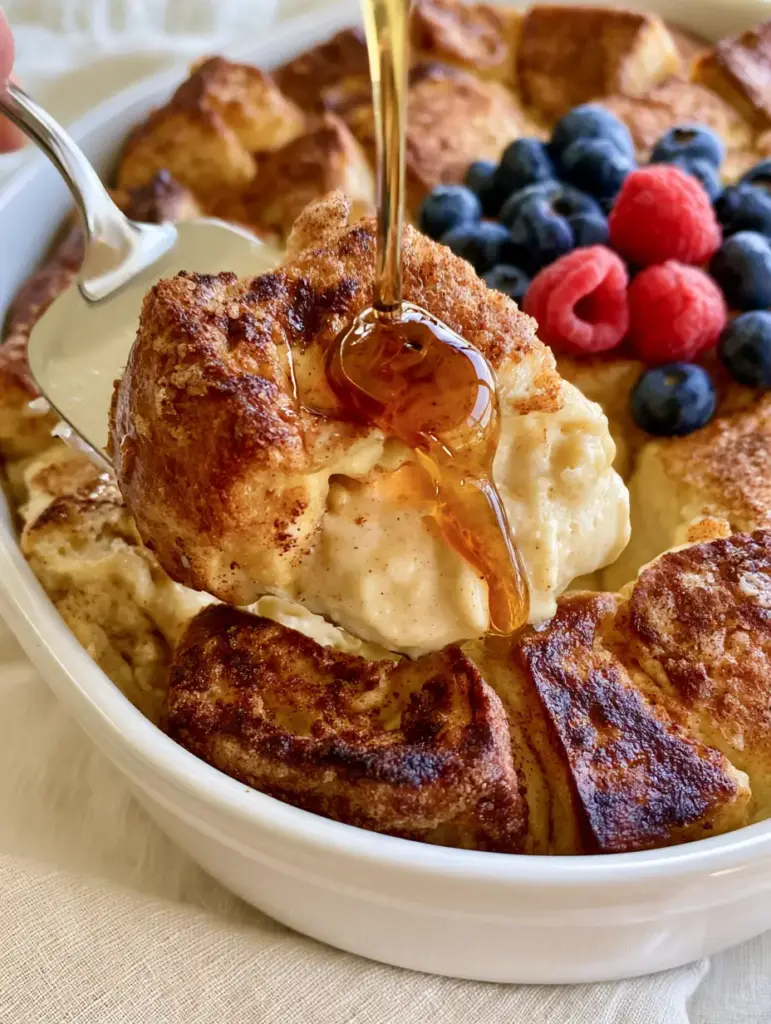 Close up of Healthy French toast sourdough cubes with caramelized edges and maple syrup drizzle.