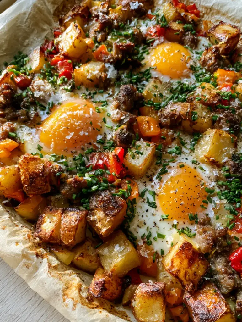 Handheld smartphone photo of a rustic breakfast hash with charred Yukon Gold potatoes and savory sausage crumbles on a light wood background.