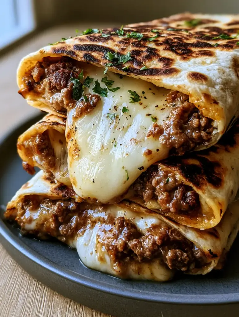 Close up of seasoned browned ground beef crumbles and melted white cheese inside a toasted tortilla.