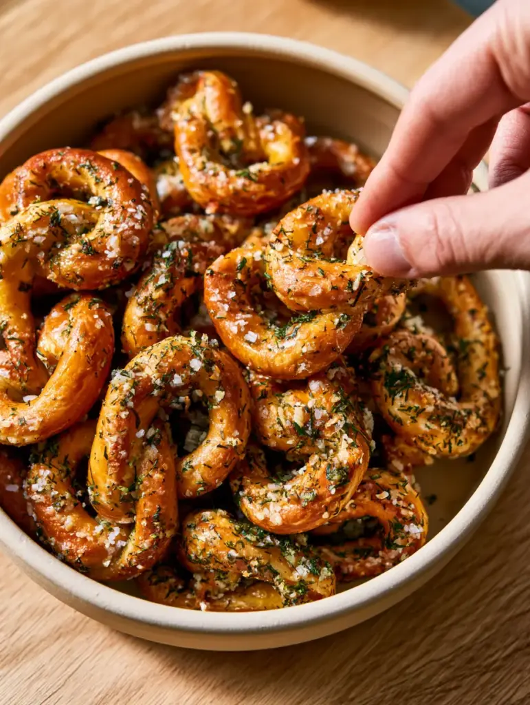 Macro overhead shot of ranch seasoned pretzel mix showing the golden buttery glaze and herb encrusting.