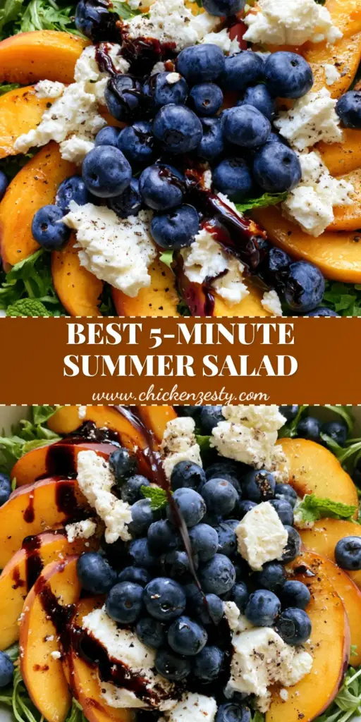 A top-down view of a Blueberry Peach Feta Salad in a white bowl with a balsamic glaze drizzle.