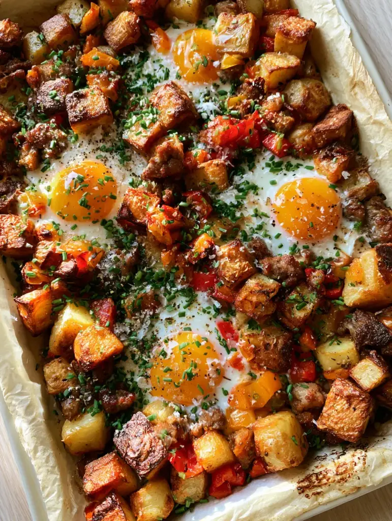 Close up of blistered red and orange bell peppers interspersed with crispy breakfast hash potatoes and fresh chives.