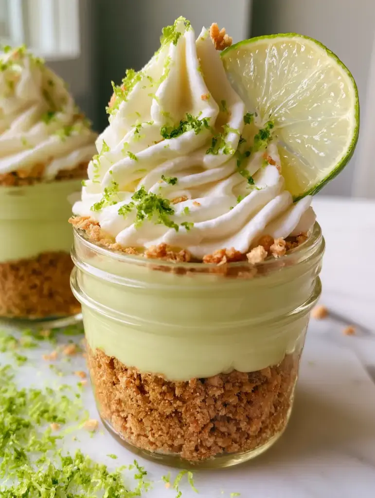 High-angle shot showing the layered texture of Key Lime Pie Mason Jars including the buttery graham cracker base and silky custard.