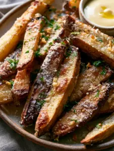 Close-up of blistered potato wedges with charred edges and melted parmesan (oven-baked steak fries recipe)
