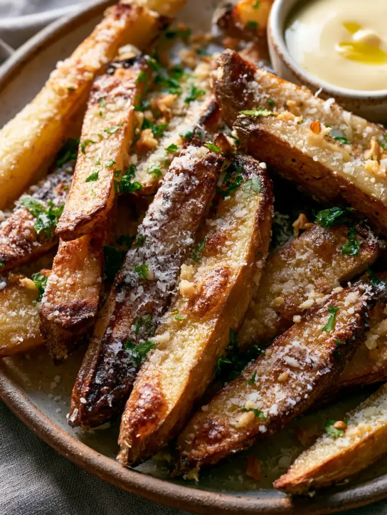 Close-up of blistered potato wedges with charred edges and melted parmesan (oven-baked steak fries recipe)