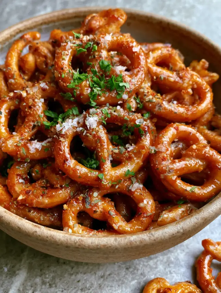A macro shot of a bowl of Cajun pretzels, showing the glistening reddish-orange buttery glaze and sea salt crystals.