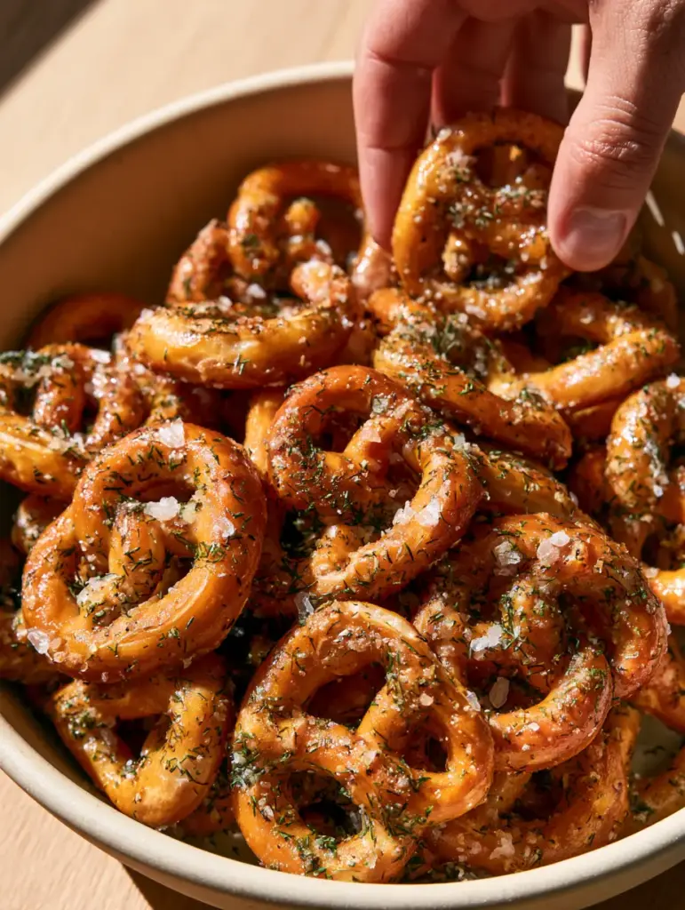 A hand reaching into a ceramic bowl filled with ranch seasoned pretzel mix.