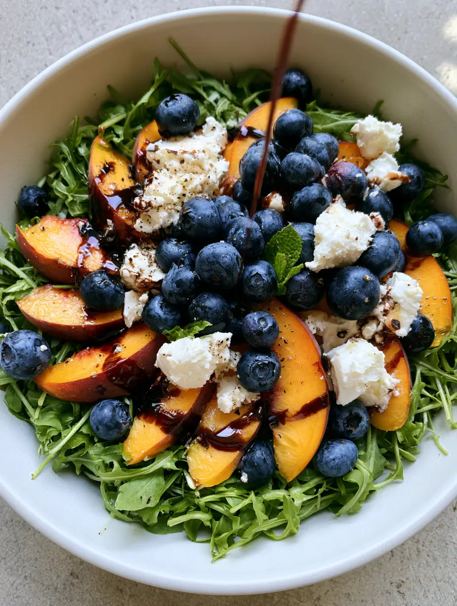 Close up of fresh arugula base and sliced orange peaches in a Blueberry Peach Feta Salad.