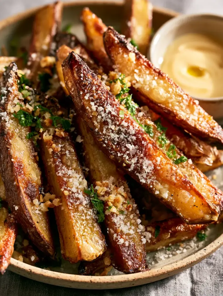 Thick-cut steak fries served on a rustic plate with a side of creamy garlic aioli.