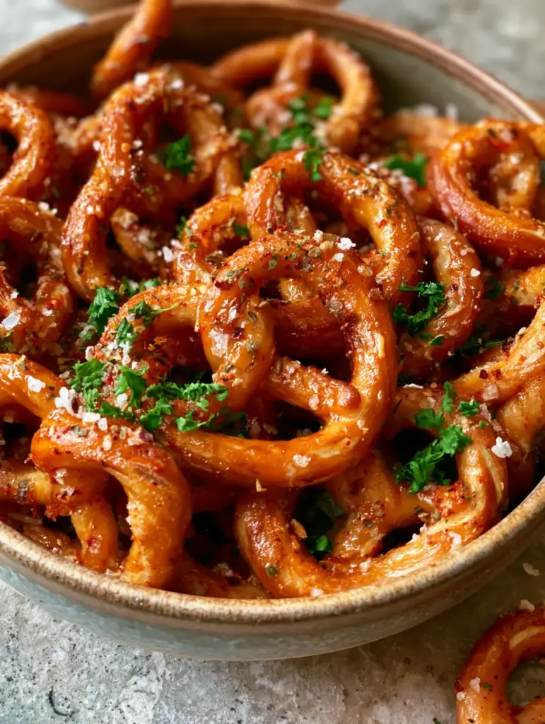 Golden-brown mini pretzel twists heavily coated in smoked paprika and garlic powder seasonings with green parsley.