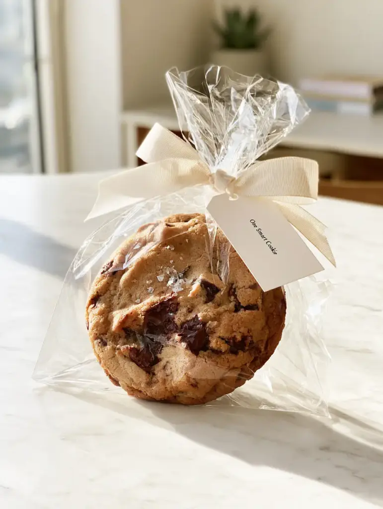 A close-up smartphone photo of a thick gourmet chocolate chip cookie with molten dark chocolate and sea salt. (smart cookie teacher appreciation gift tag)