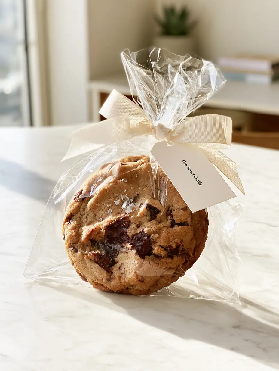A close-up smartphone photo of a thick gourmet chocolate chip cookie with molten dark chocolate and sea salt. (smart cookie teacher appreciation gift tag)