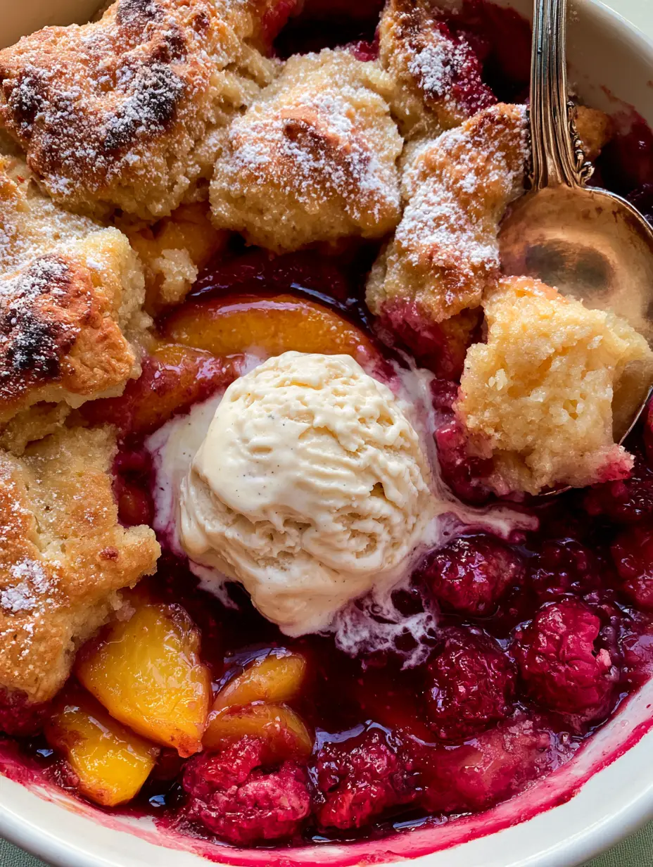 Top-down close-up of Peach and Raspberry Cobbler featuring melting vanilla bean ice cream and a silver spoon.