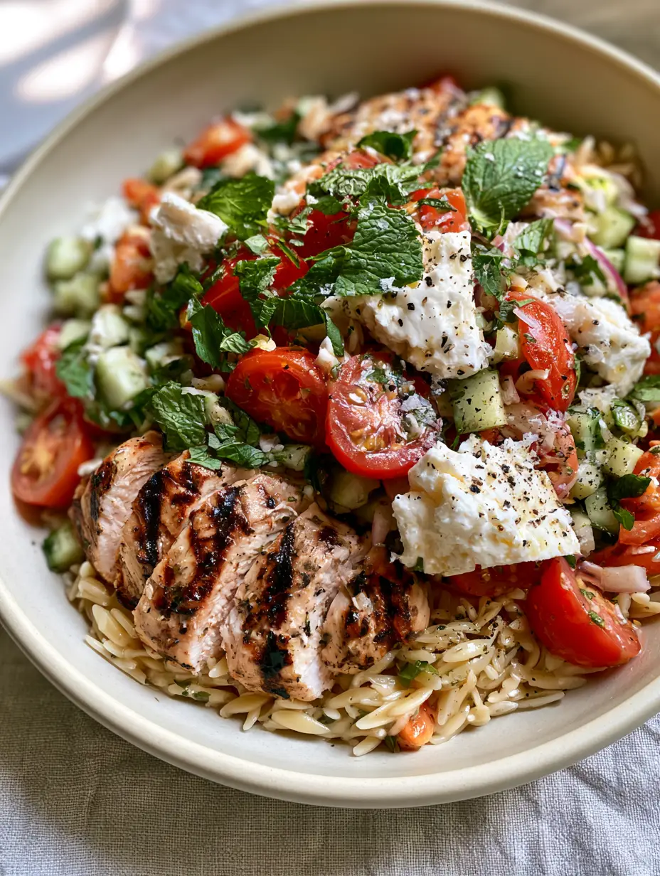 Close up of grilled chicken with char marks over glossy orzo pasta with tomatoes and cucumbers. (family-friendly summer dinners)