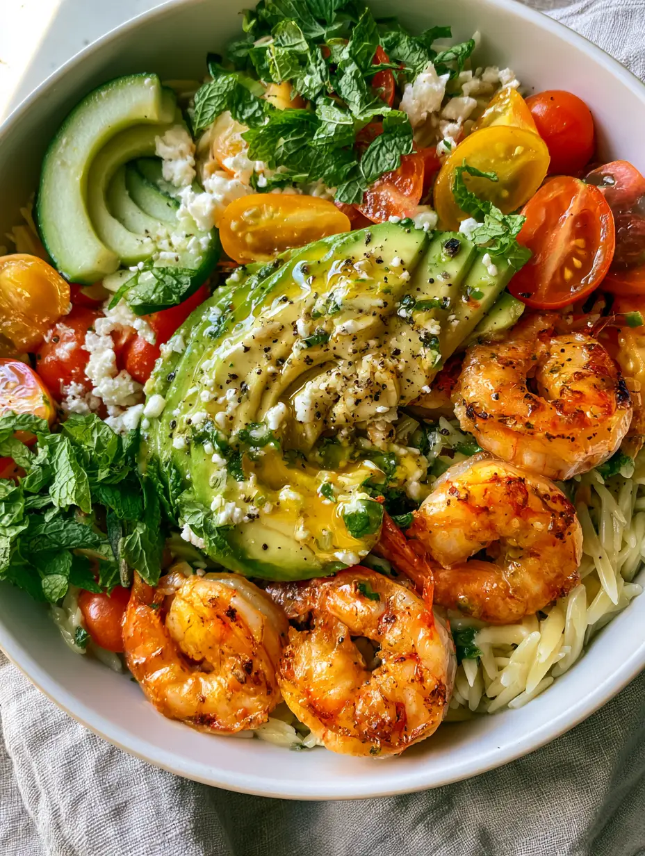 Overhead view of a vibrant Mediterranean shrimp orzo bowl with heirloom tomatoes and avocado (quick summer dinners).