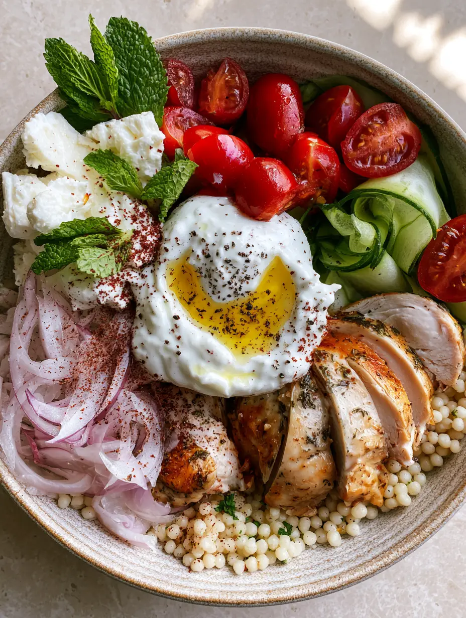 Close up of chilled lemon-herb chicken and glossy cherry tomatoes in a ceramic bowl. (30 minute summer dinners)