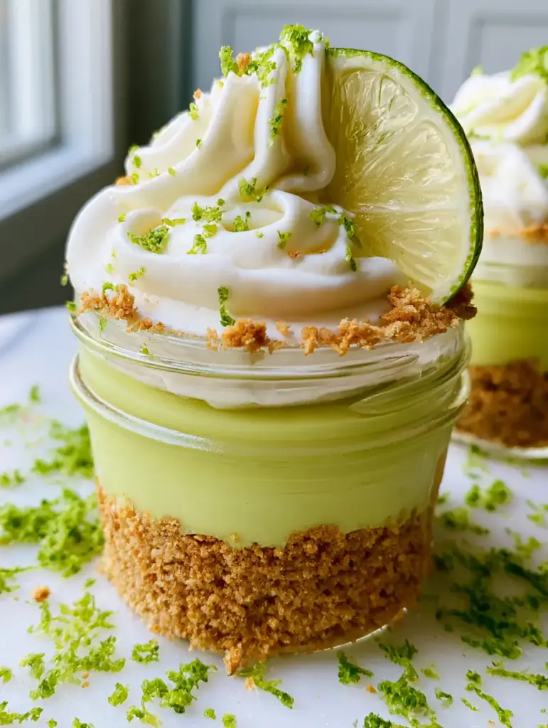 Close up of stiff-peak whipped cream and micro-planed lime zest on top of Key Lime Pie Mason Jars.
