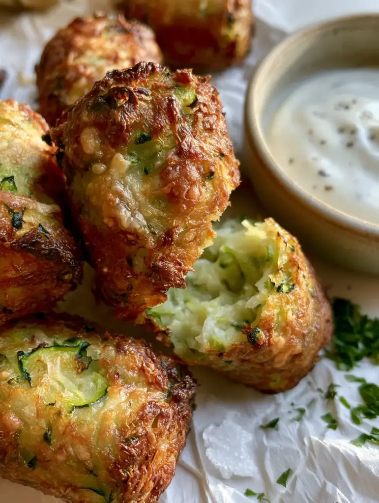 A Zucchini Tot broken open to reveal a moist, cheesy, pale green interior surrounded by a crispy panko crust.
