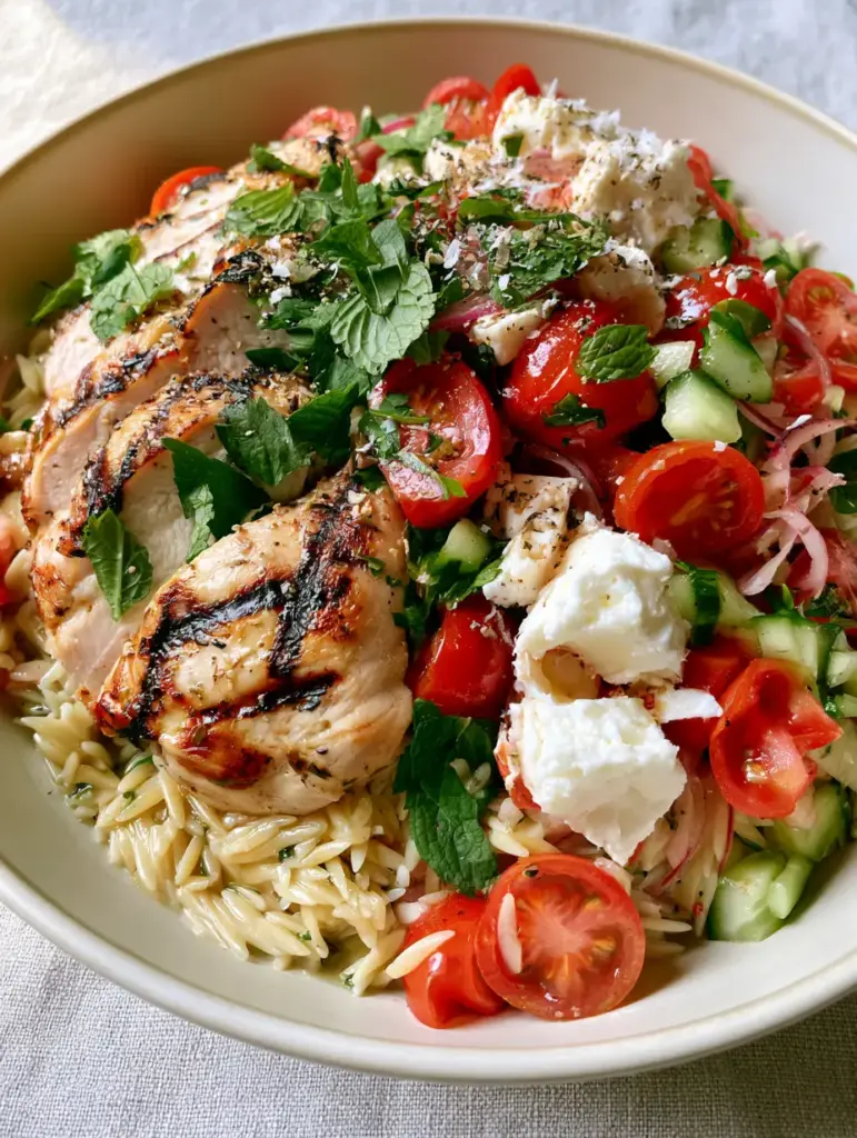 A high-angle shot of a Mediterranean orzo salad in a cream bowl on a linen surface.