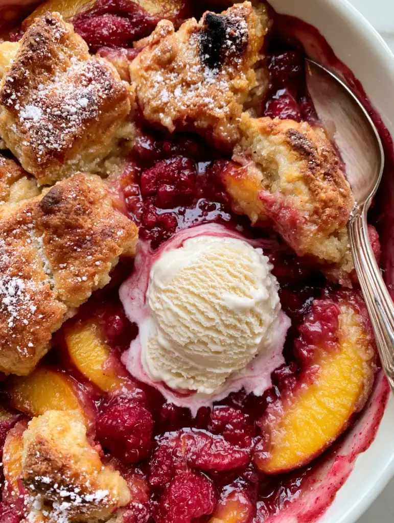 Detailed view of the craggy golden-brown biscuit topping on a Peach and Raspberry Cobbler with charred edges.