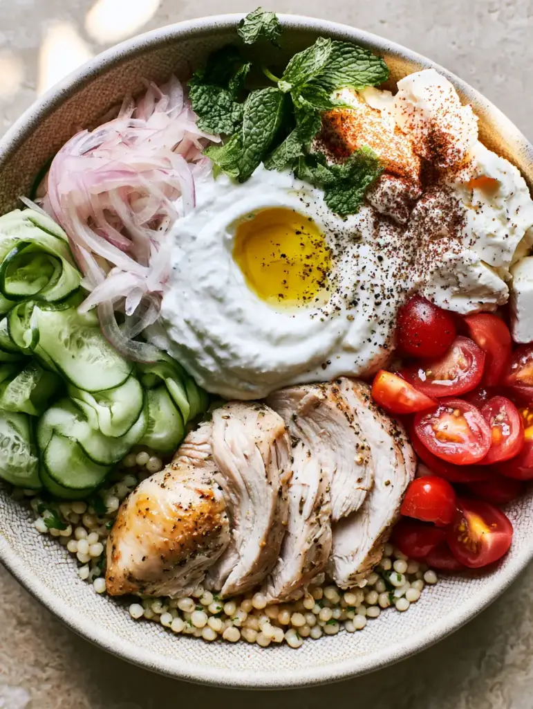 A vibrant Mediterranean power bowl with a tzatziki well and golden olive oil drizzle.