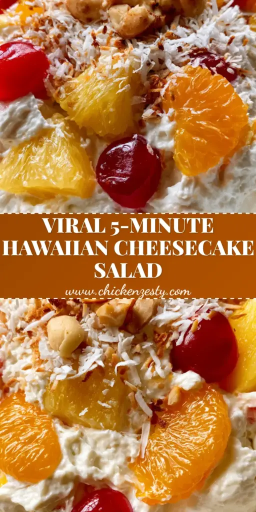 A vibrant Hawaiian Cheesecake Salad in a white bowl showing golden pineapple, red cherries, and toasted coconut topping.