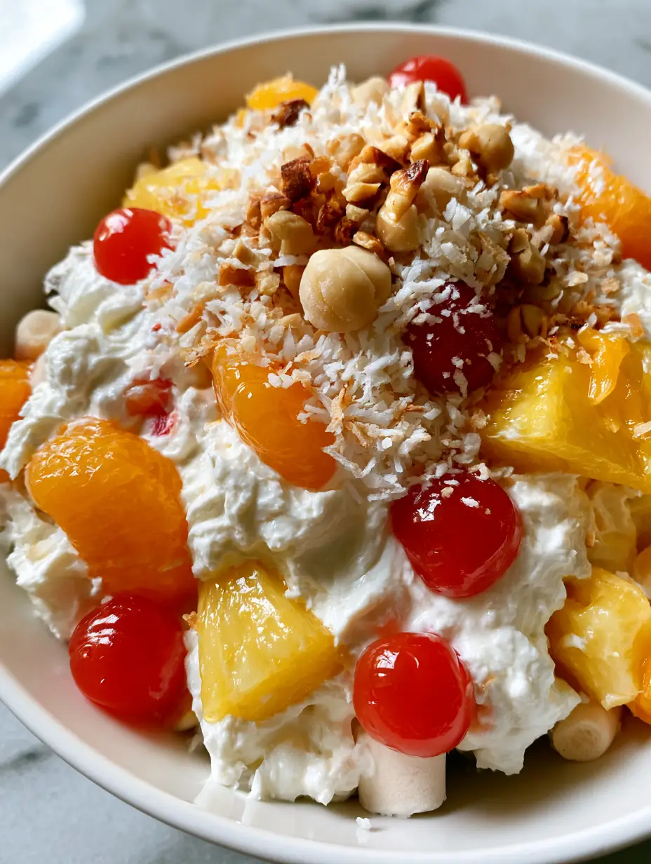 Top-down shot of Hawaiian Cheesecake Salad featuring thick cream fluff and glistening tropical fruit pieces.