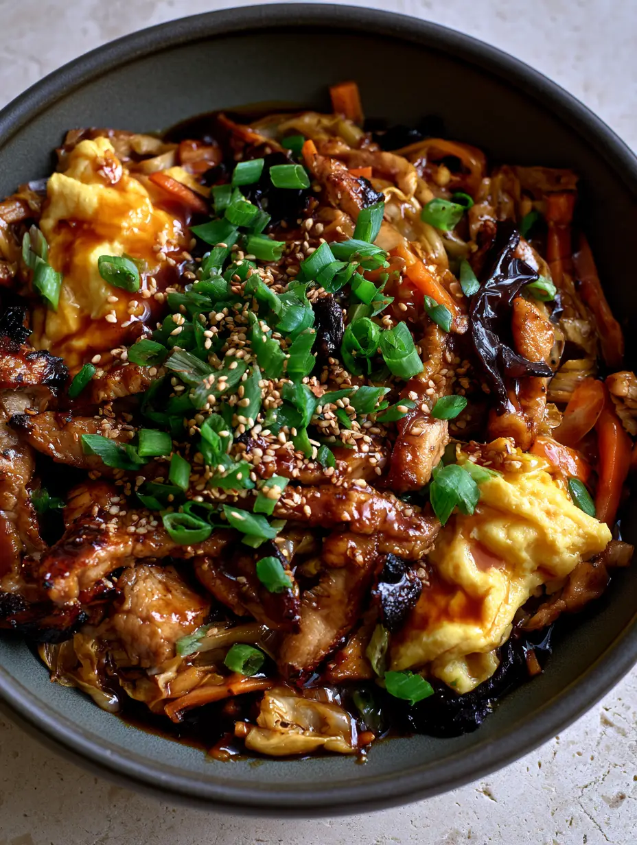Macro shot of Moo Shu Pork showing charred pork tenderloin strips and wilted savoy cabbage in a thick dark sauce. (Moo Shu Pork)