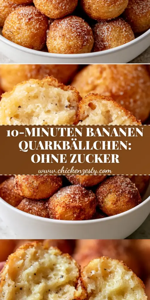 A vertical split-screen showing a bowl of golden-brown Bananen Quarkbällchen dusted with cinnamon and a macro shot of one broken open showing a fluffy yellow interior with banana fibers.