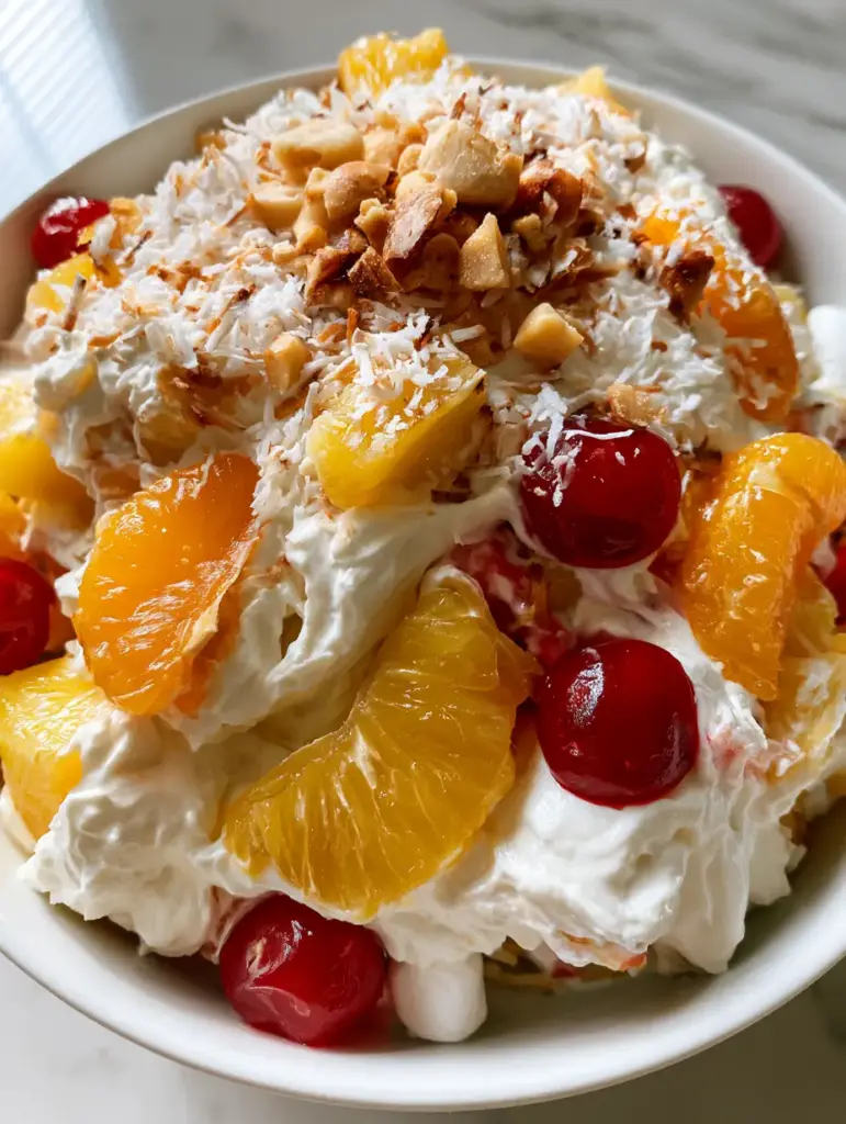 Close up of Hawaiian Cheesecake Salad garnished heavily with toasted coconut and crushed macadamia nuts.