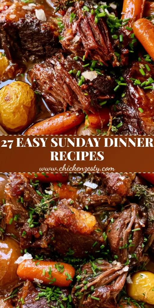 A rustic white ceramic dish filled with shredded slow-cooked beef pot roast, golden potatoes, and honey-glazed carrots, garnished with chives and sea salt. (Sunday dinner recipes)