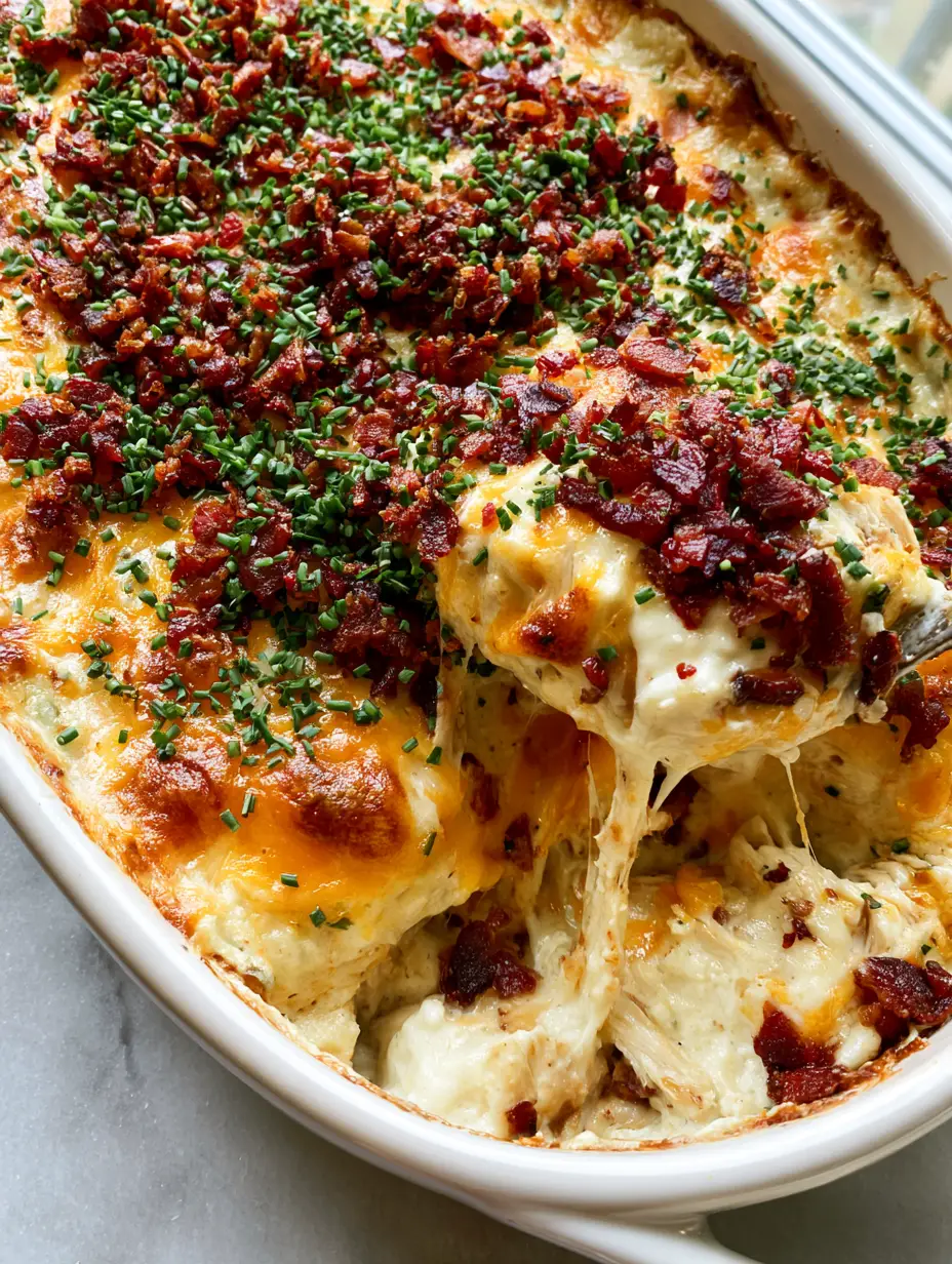 Overhead shot of golden bubbling cheese edges on a Cream cheese casserole topped with chives.