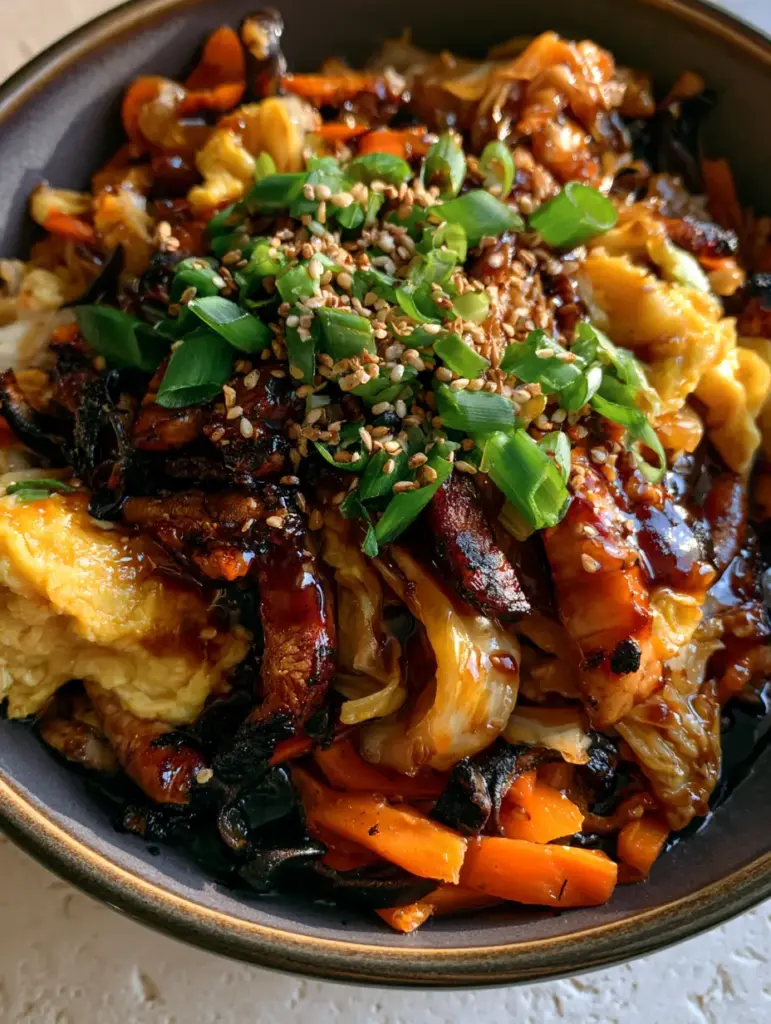 45-degree angle shot of Moo Shu Pork with bright emerald scallions and golden-yellow fluffy eggs on a neutral stone background.
