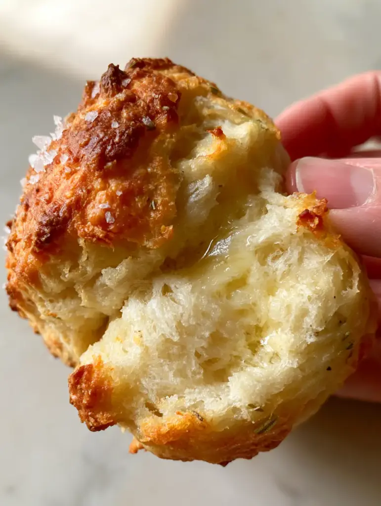A handheld smartphone photo of a single golden-brown breakfast protein biscuit being pulled apart to reveal a steaming airy interior crumb.