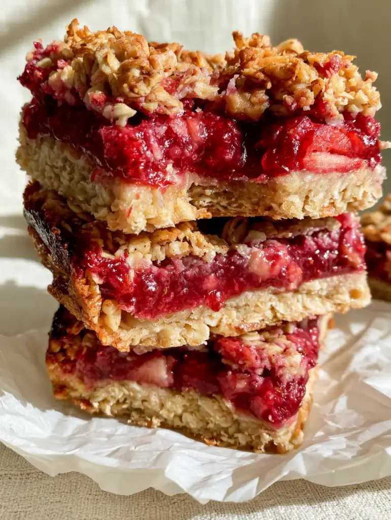 Macro close-up of Berry Oat Bars showing the distinct layers of toasted oats, crimson strawberry jam, and rustic crumble.