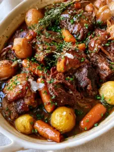 Close-up overhead shot of bubbling slow cooker pot roast with succulent beef chunks and vibrant carrots. (Sunday dinner recipes)