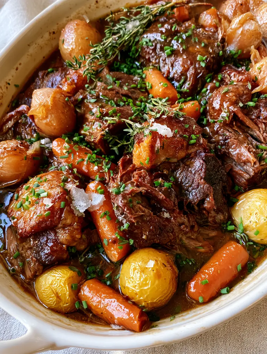 Close-up overhead shot of bubbling slow cooker pot roast with succulent beef chunks and vibrant carrots. (Sunday dinner recipes)