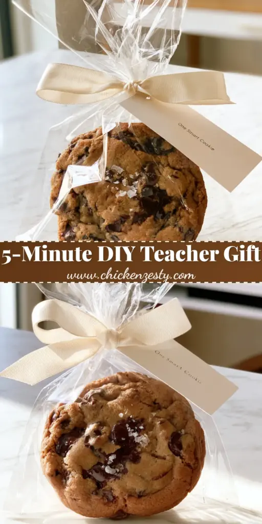 A gourmet chocolate chip cookie in a cellophane bag with a smart cookie teacher appreciation gift tag, cream ribbon, and academic books on a marble surface.