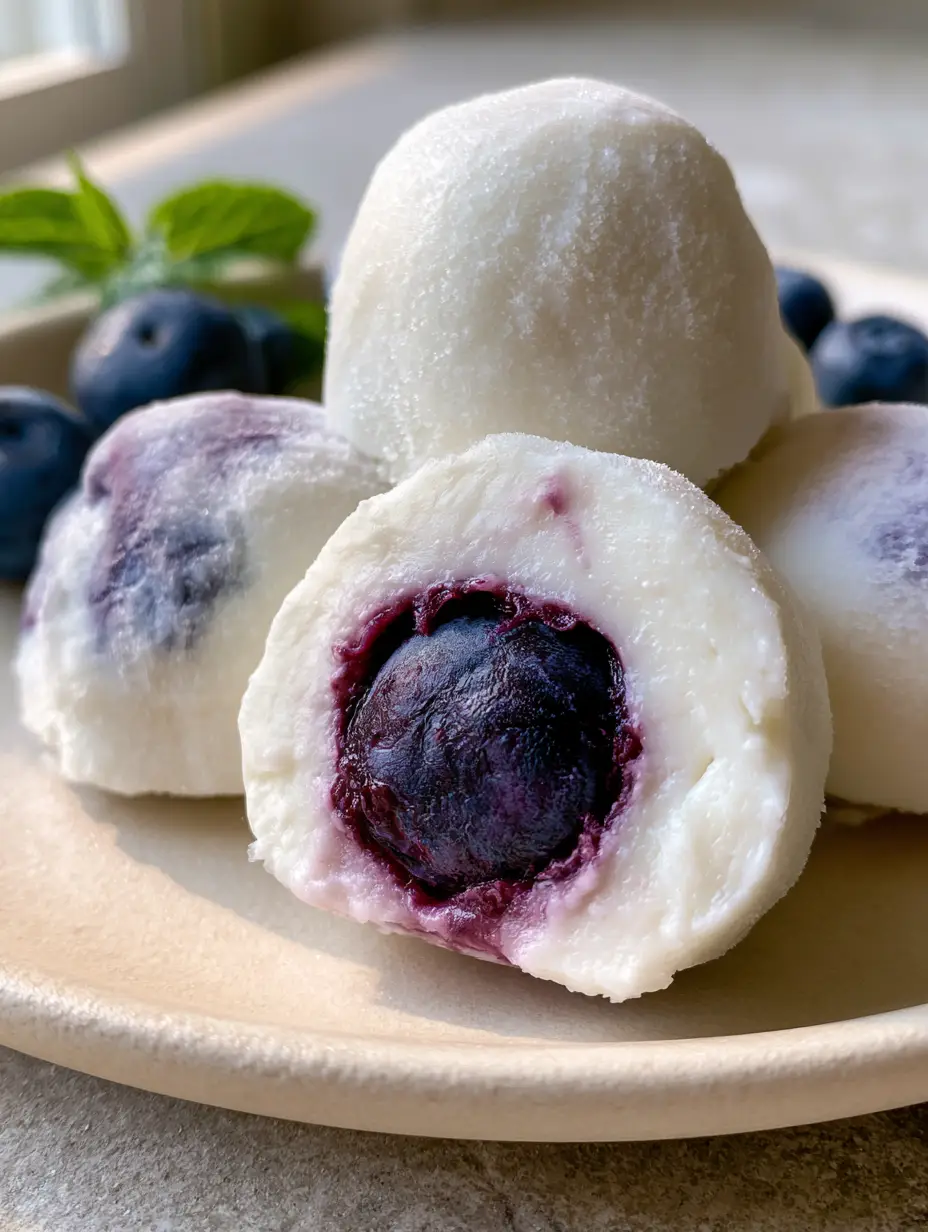 Macro close-up of a sliced Blueberry Greek Yogurt Bite revealing a dark purple blueberry and thick white yogurt layer.