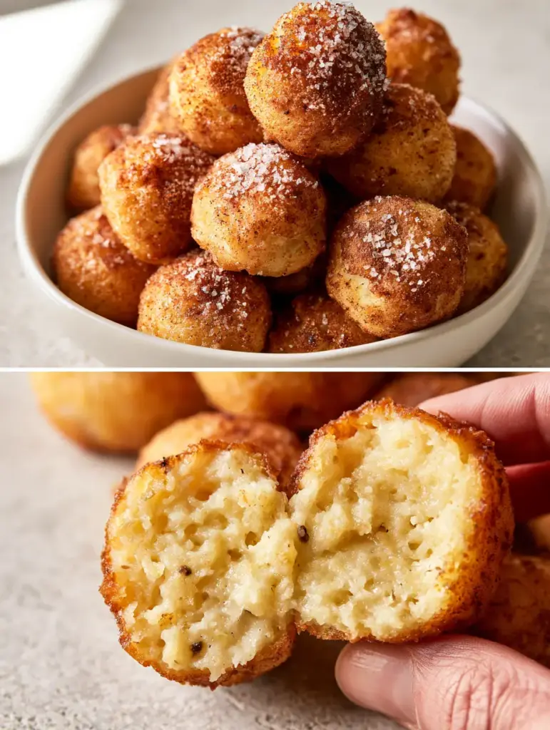 Top view of a minimalist white ceramic bowl filled with round Bananen Quarkbällchen dusted in cinnamon sugar.